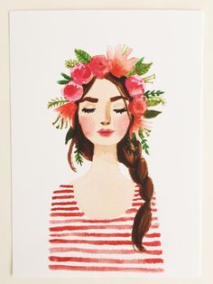 236x314 Flower Crown Girl Original Watercolor Painting. Pink Lips, Stripes - Watercolor Girl Painting