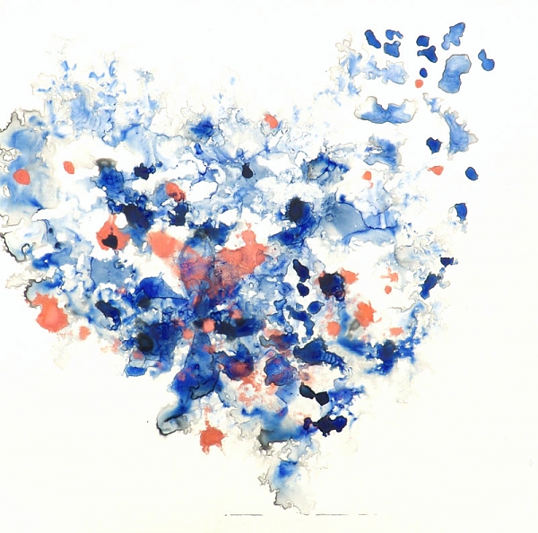 600x594 Original Abstract Painting Of Indigo And Copper Small Blue Art - Watercolor Heart Painting