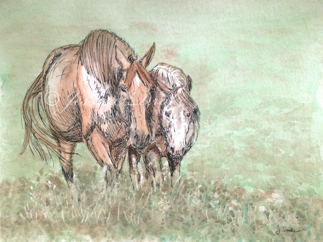 650x488 Pasture Buddies Horse Painting - Watercolor Horse Painting