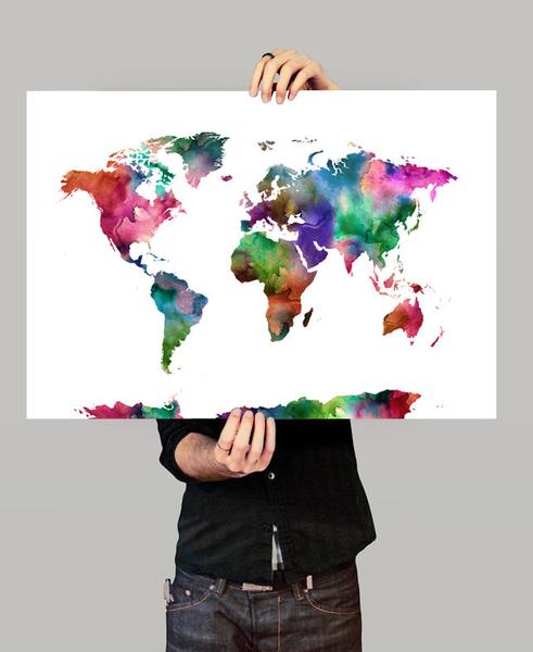 491x600 World Map Watercolor Art Print, Travel Map, Large World Map, World - Watercolor Map Painting