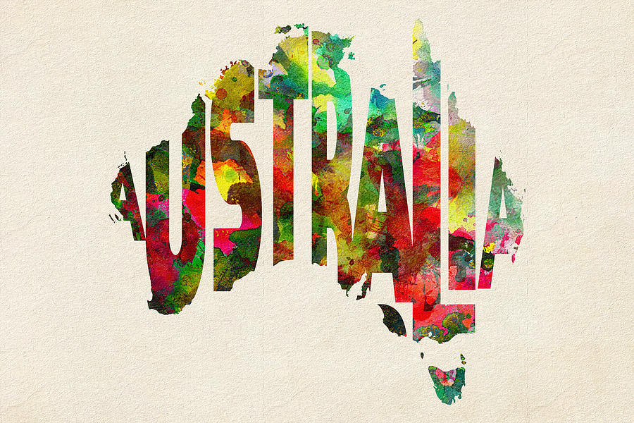 900x600 Australia Typographic Watercolor Map Painting By Inspirowl Design - Watercolor Map Painting
