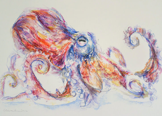 570x408 Octopus Painting Bathroom Decor Underwater Decor Octopus - Watercolor Octopus Painting