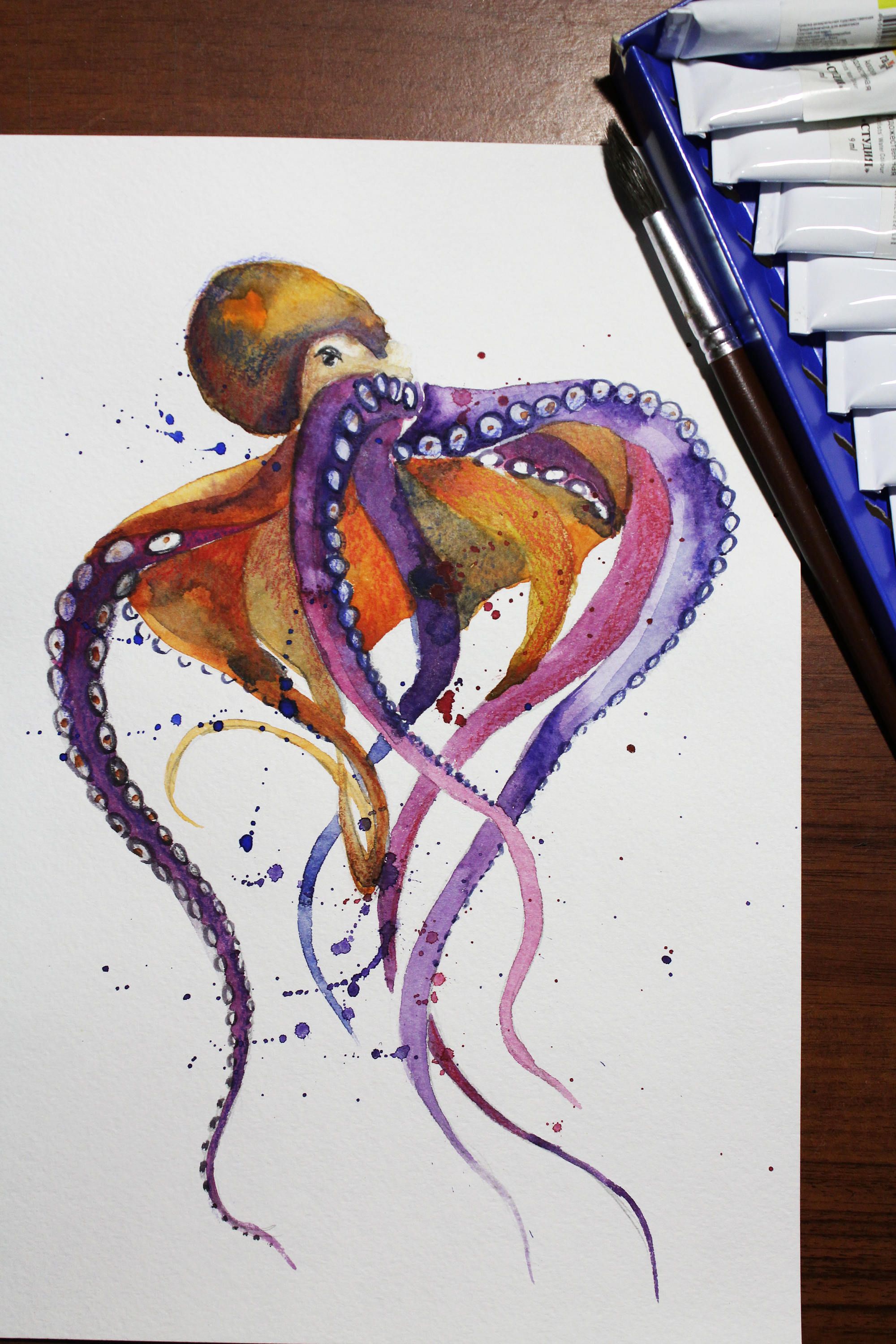 2000x3000 Original Watercolor Painting, Octopus Art, Decor For Room - Watercolor Octopus Painting