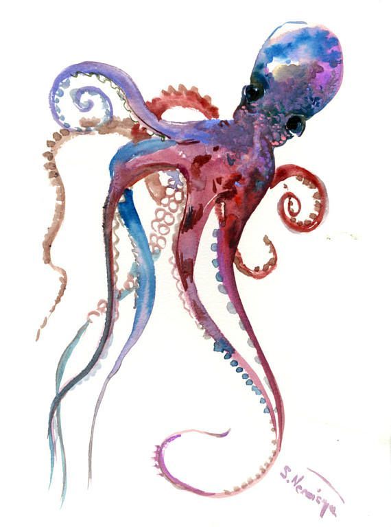 570x768 Blue And Purple Octopus, Original One Of A Kind Watercolor - Watercolor Octopus Painting