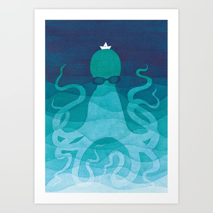 700x700 Octopus, Sea Creature, Animals, Ocean Watercolor Teal Blue Art - Watercolor Octopus Painting