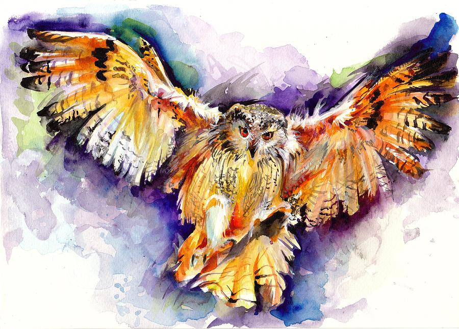 900x645 Night Owl Watercolor, Hunting Owl, Flying Brown Owl Painting By - Watercolor Owl Painting