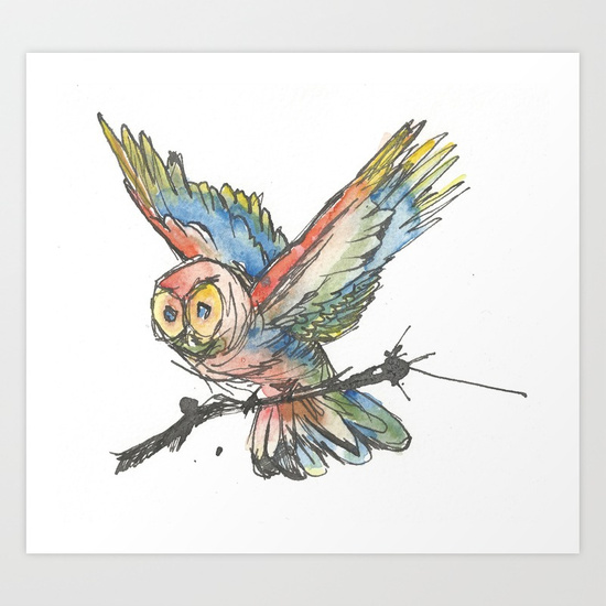 550x550 Watercolor Owl Art Print By Sebastianorth Society6 - Watercolor Owl Painting