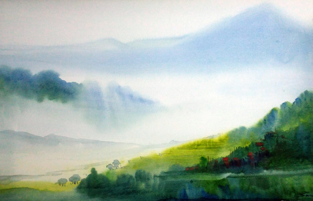1000x645 Morning Himalaya - Watercolor Painting