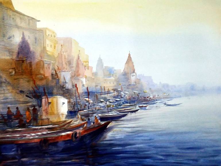 770x581 Saatchi Art Early Morning Varanasi Ghat - Watercolor Painting