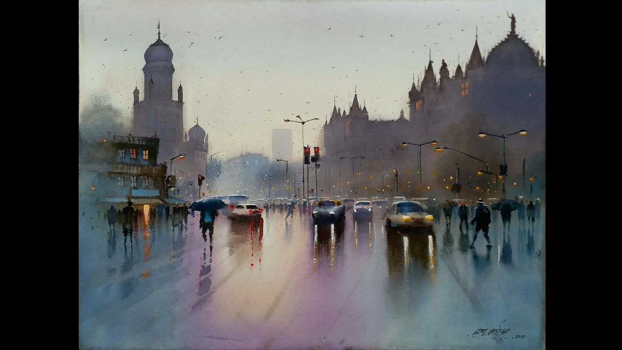1280x720 Watercolour Landscape Painting Rainy Cityscape Mumbai After - Watercolor Painting City