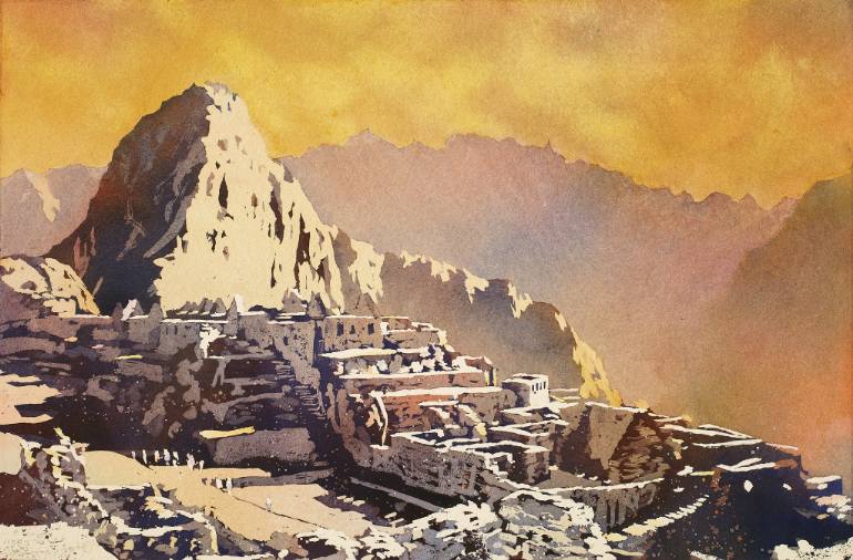 770x506 Saatchi Art Fine Art Watercolor Painting View From Hut - Watercolor Painting Landscape City