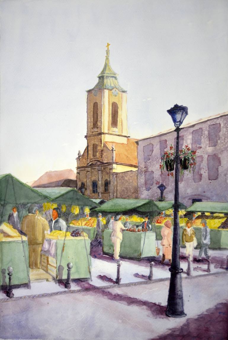 770x1145 Saatchi Art Green Market Zemun - Watercolor Painting Landscape City