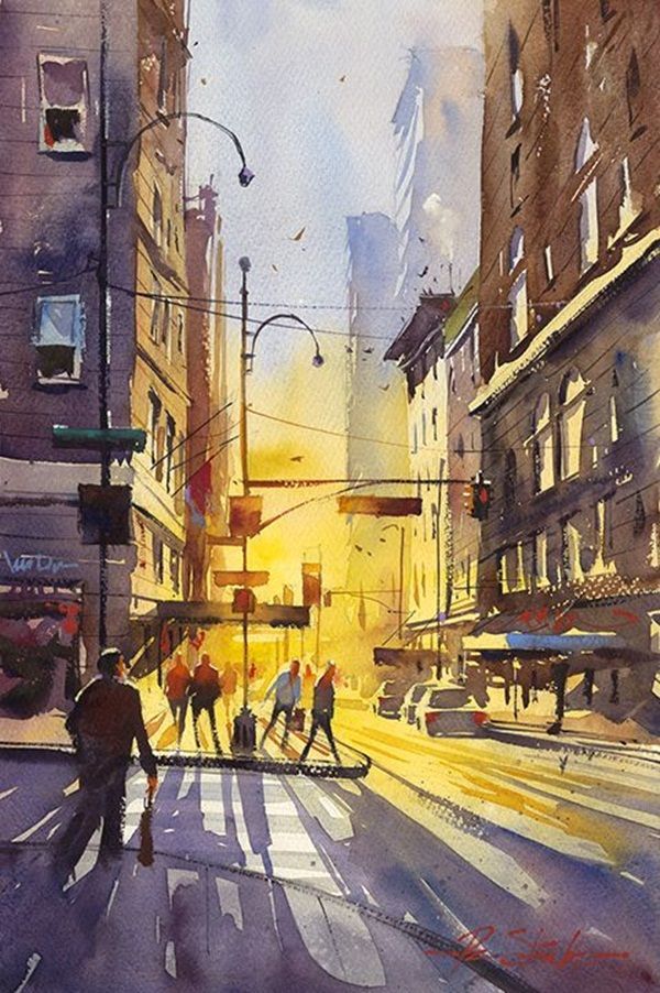 600x902 Simple Watercolor Painting Ideas17, Sunlight Through The City - Watercolor Painting Landscape City