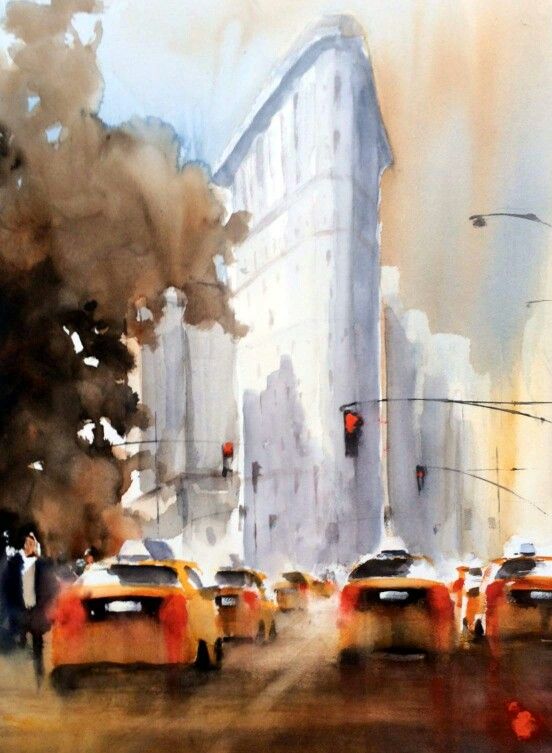 552x753 Watercolor Painting Landscape City Buildings Road Cars New York - Watercolor Painting Landscape City