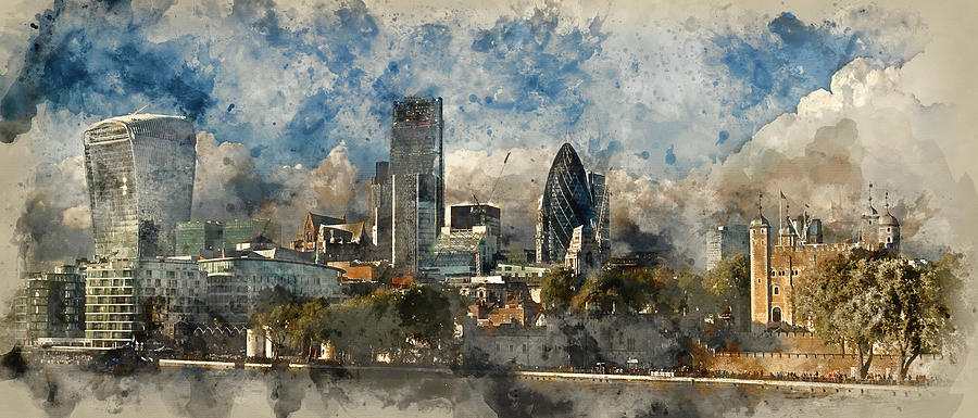 900x385 Watercolour Painting Of Landscape Of City Of London Iconic - Watercolor Painting Landscape City
