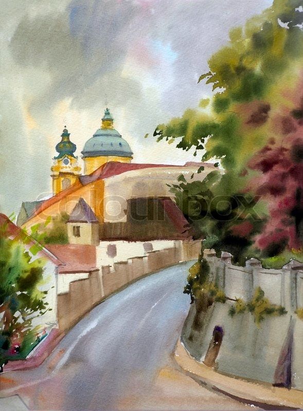 589x800 Austrian City Of Melk Landscape Painted By Watercolor Stock - Watercolor Painting Landscape City
