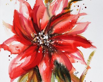 340x270 Red Poinsettia Watercolor Print Christmas Painting - Watercolor Painting Of Poinsettias