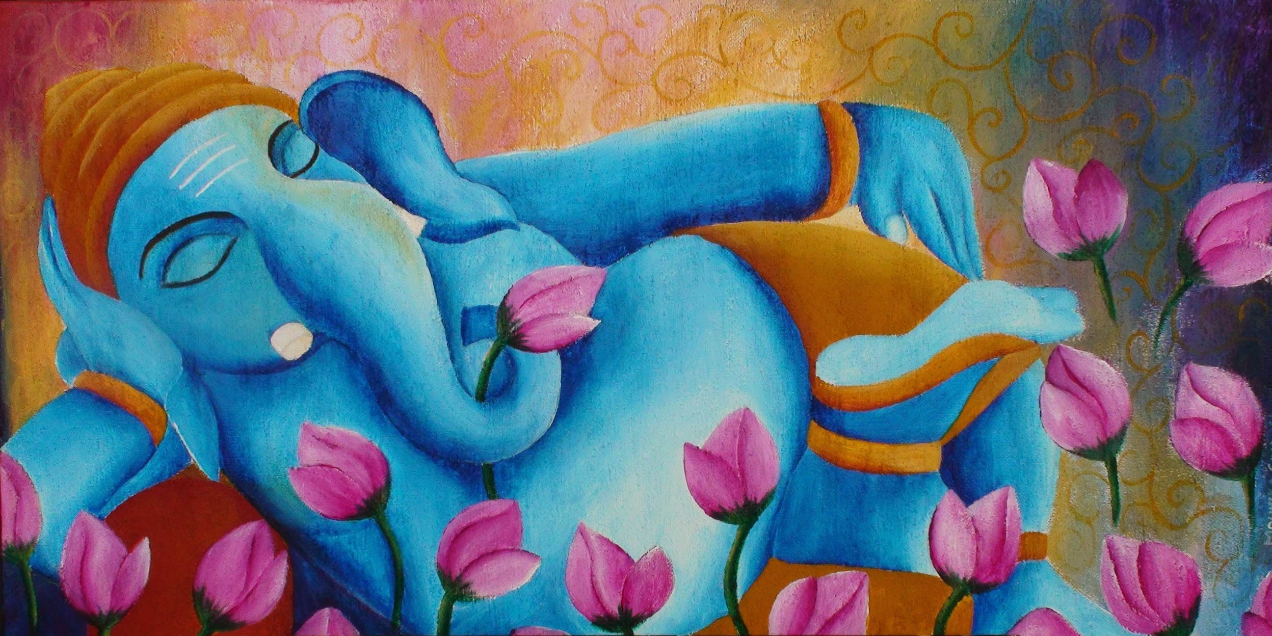 2496x1248 Lord Ganesha Canvas Paintings Ganesha Abstact Painting - Watercolor Painting On Canvas