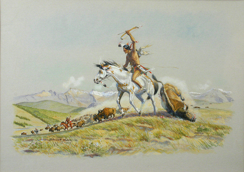 800x563 Byron Wolfe Watercolor Painting, Indians Hunting Bison For Sale - Watercolor Painting Price
