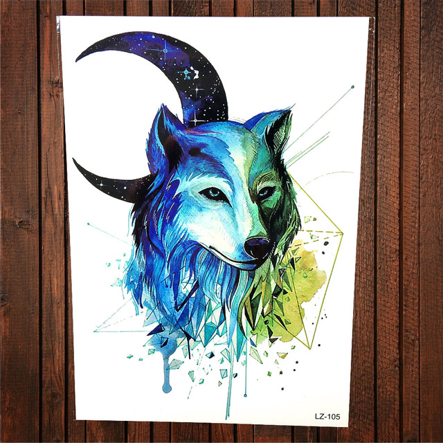 640x640 Watercolor Painting Geometry Blue Wild Wolf King Temporary Tattoo - Watercolor Painting Wolf