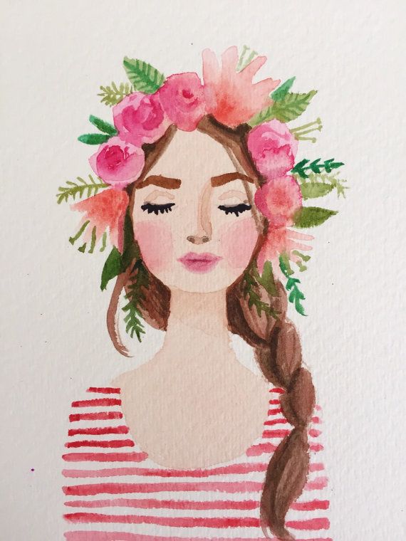 570x760 Flower Crown Girl Original Watercolor Painting. Pink Lips, Stripes - Watercolor Painting Woman