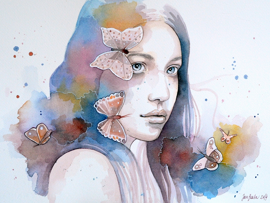 900x678 Lady With A Butterfly, Watercolor Painting By Jane Beata - Watercolor Painting Woman