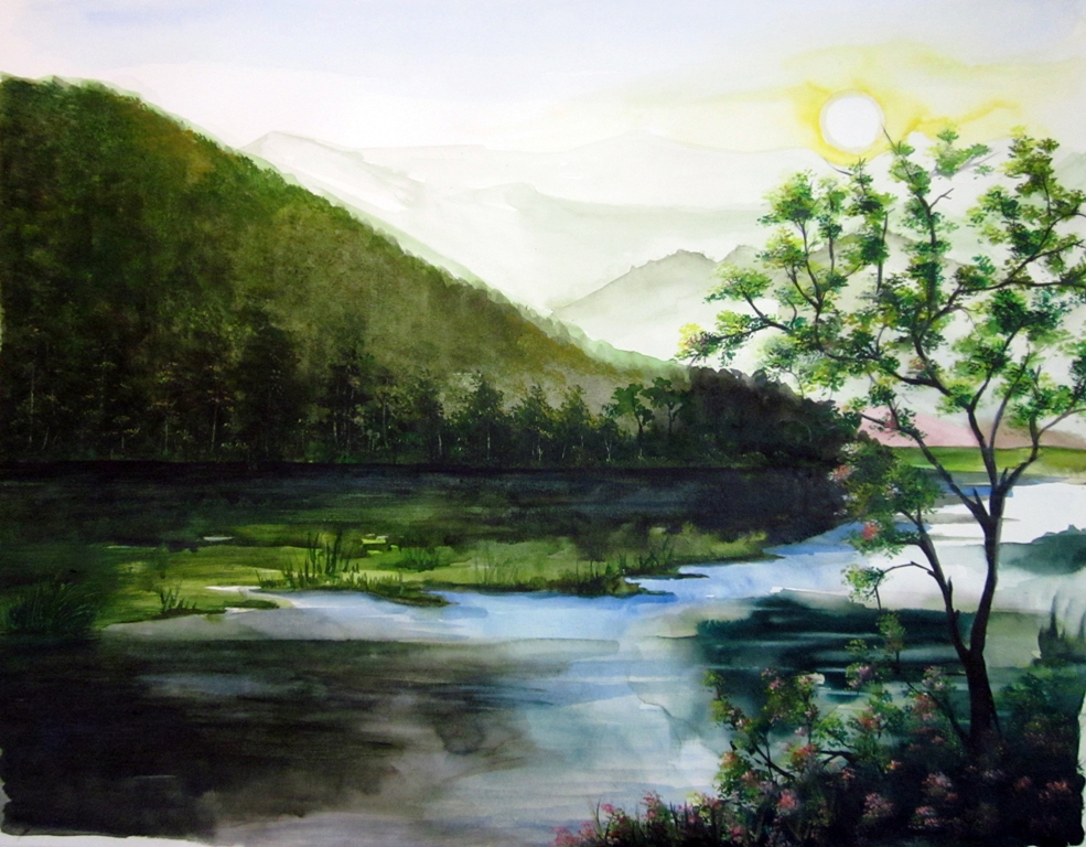 985x768 Lilly Valley - Watercolor Scenery Painting