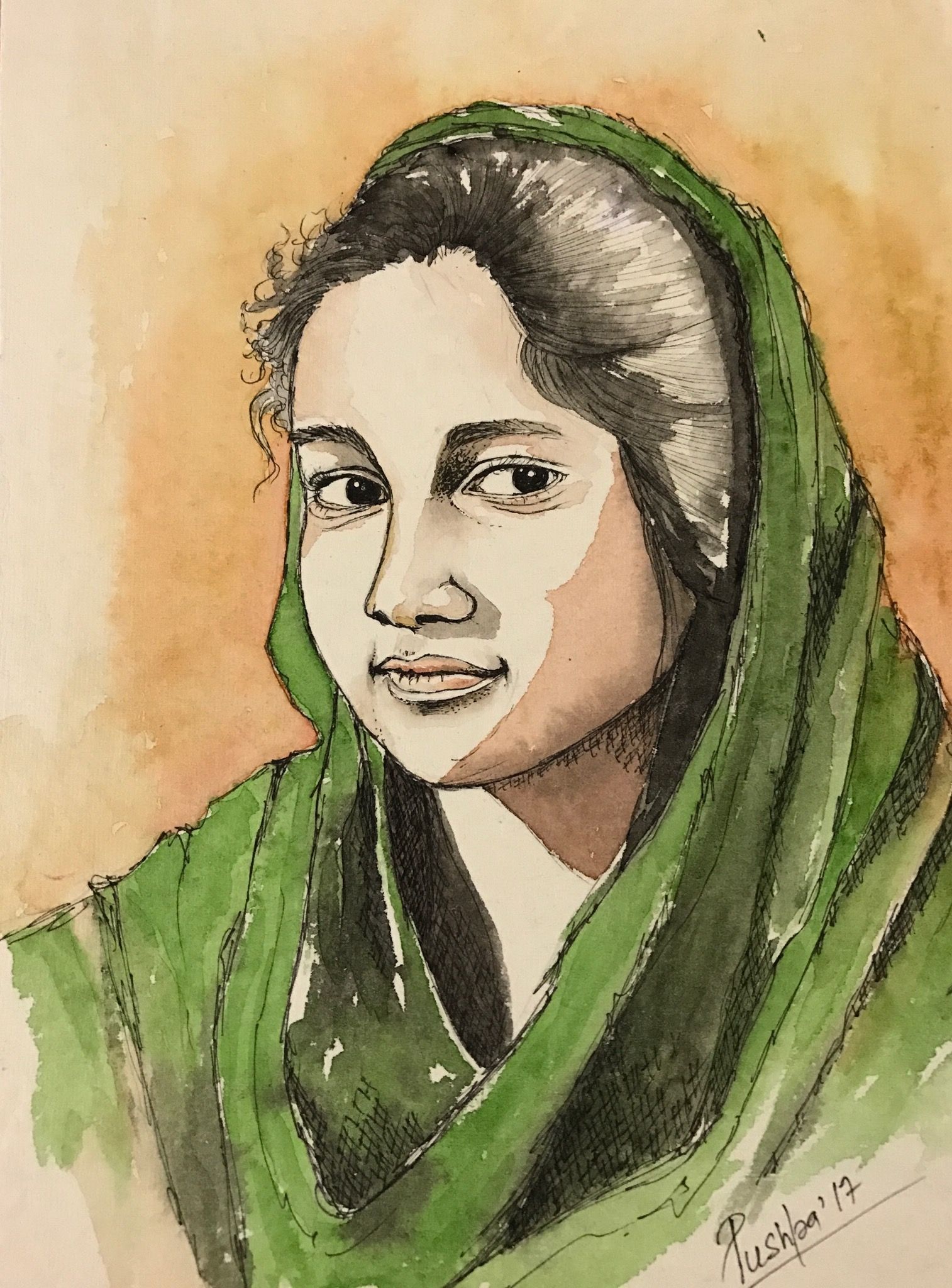 1514x2048 Indian Woman With Pots Of Water Watercolor And Ink Pen - Watercolor Woman Painting