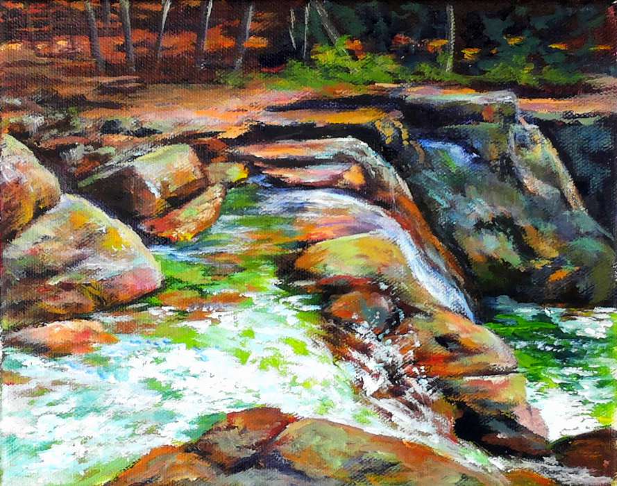 889x700 River Rocks Waterfall - Waterfall Acrylic Painting