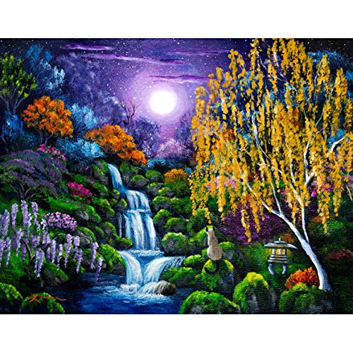 500x500 Zen Japanese Garden Landscape Siamese Cat Moon Birch - Waterfall Acrylic Painting