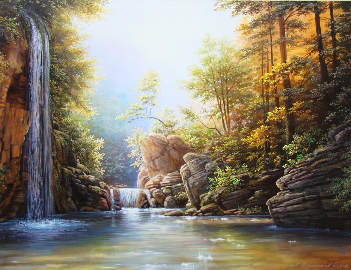 1171x900 Oleg Bylgakov Artwork Waterfall Original Painting Oil - Waterfall Landscape Painting