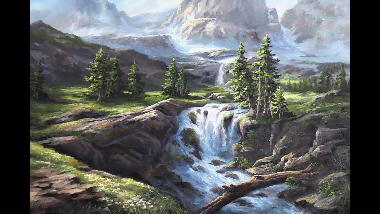 1280x720 Sunlit Mountain Waterfall Oil Painting Landscape Demo - Waterfall Landscape Painting