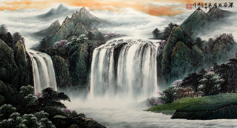800x432 Chinese Waterfall Landscape Painting - Waterfall Landscape Painting