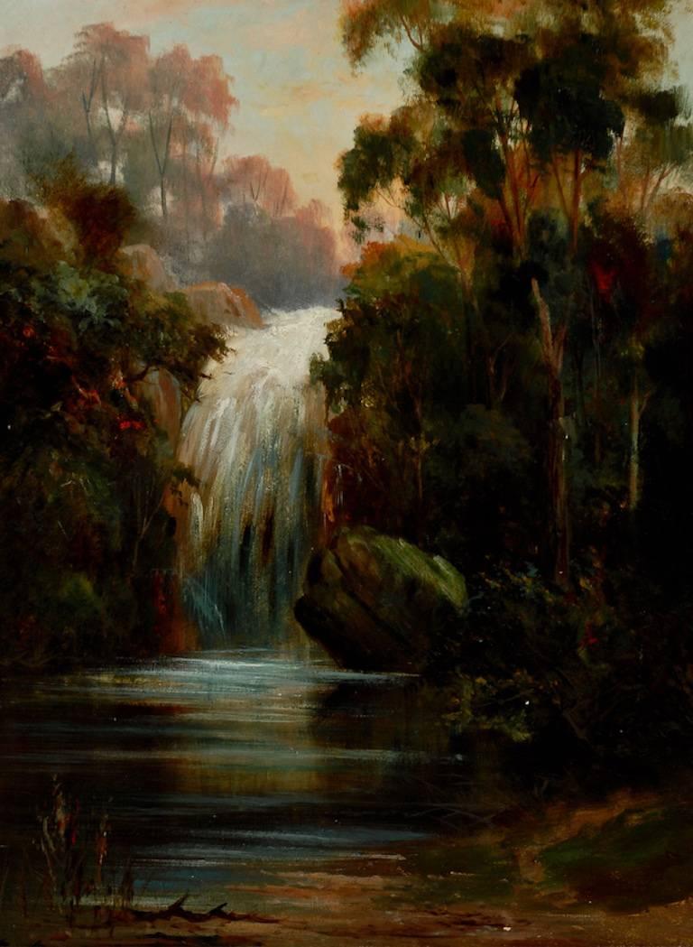 768x1049 Danish Oil Landscape Painting Of Waterfall For Sale - Waterfall Oil Painting