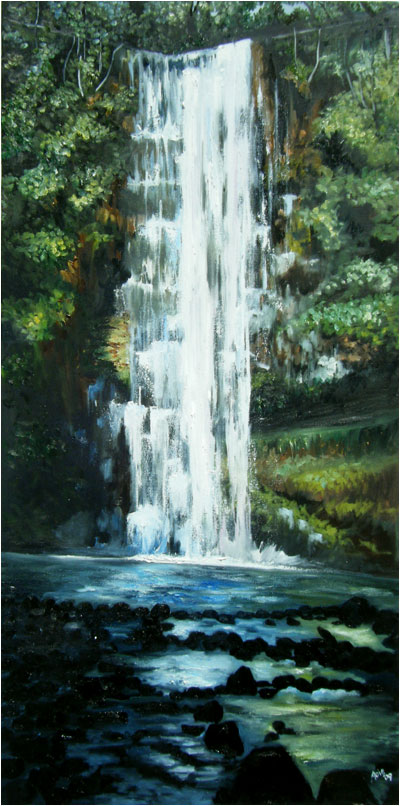 400x806 Art De Joie Hawaiian Landscape Oil Painting, Hidden Waterfall - Waterfall Oil Painting