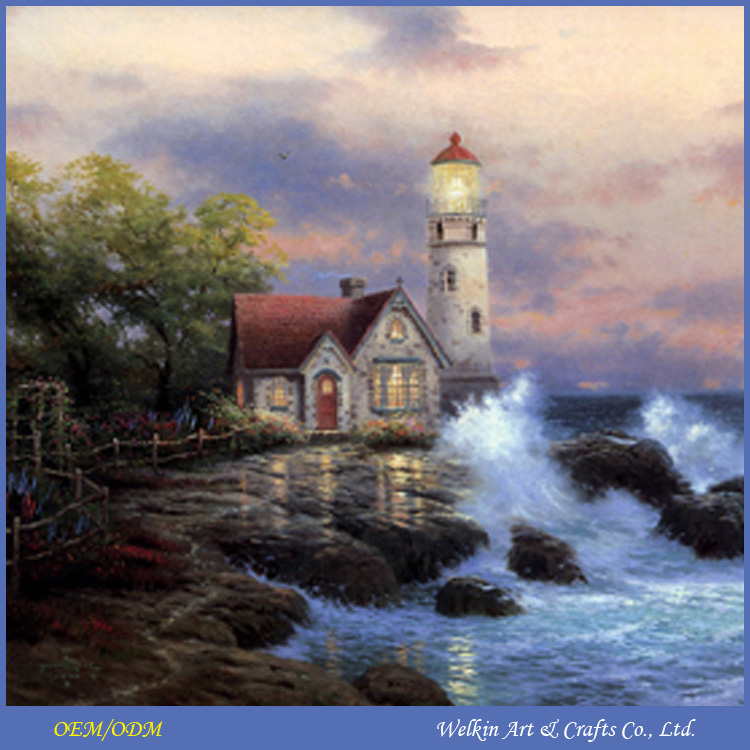 750x750 Beautiful Village Scene Waterfall Oil Paintings With Led Light - Waterfall Oil Painting