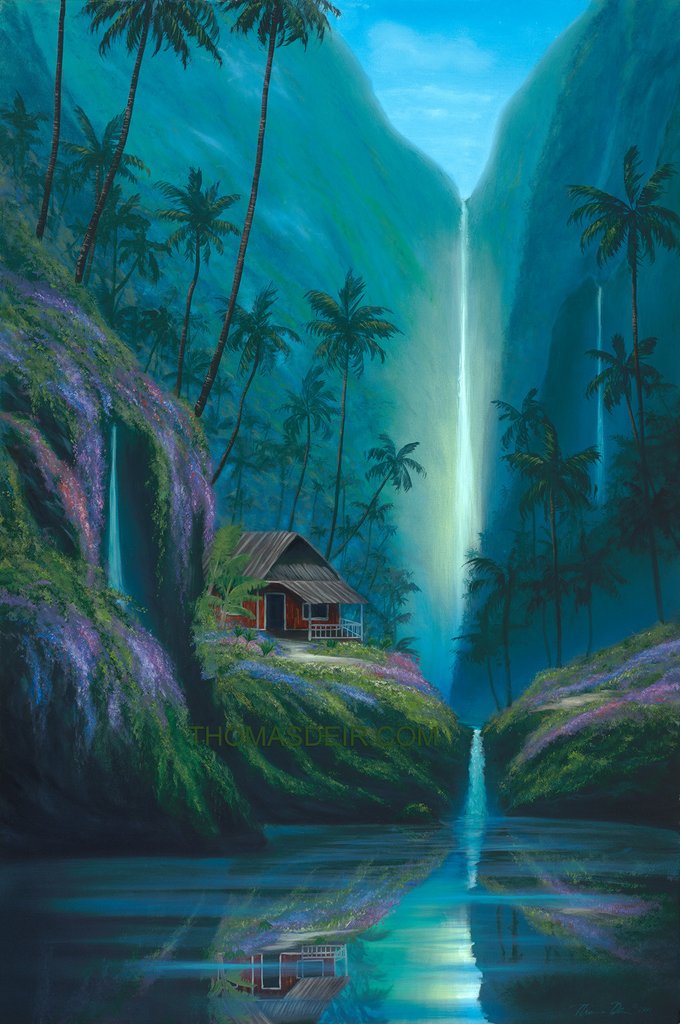 680x1024 Enchanted Tropical Waterfall Painting By Hawaii Artist Thomas - Waterfall Painting