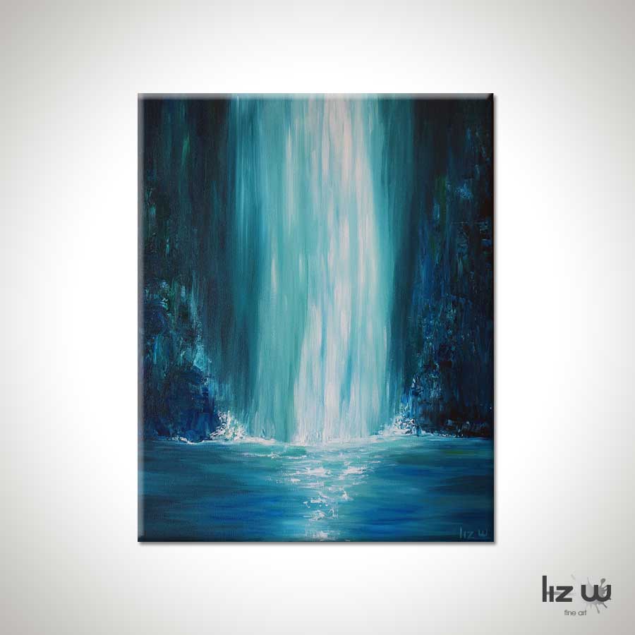 900x900 Blue Falls Waterfall Painting, Original Blue Waterfall Painting - Waterfall Painting