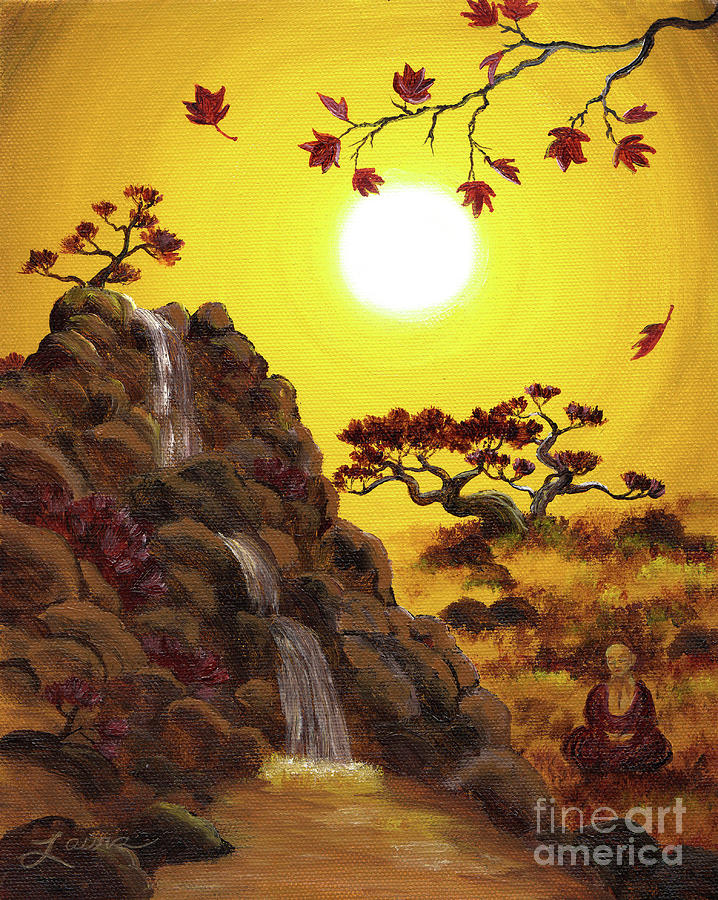 718x900 Meditating By A Golden Waterfall Painting By Laura Iverson - Waterfall Painting On Canvas