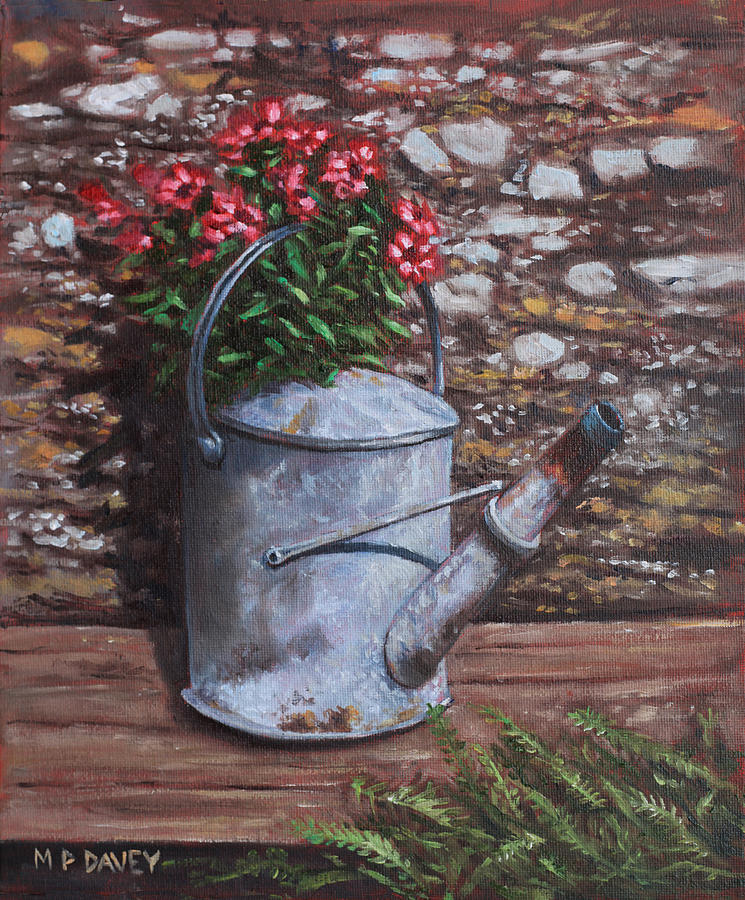 745x900 Old Watering Can With Flowers By Stone Wall Painting By Martin Davey - Watering Can Painting