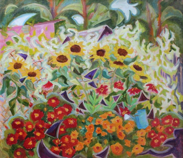 770x665 Saatchi Art Flowers With Blue Watering Can Painting By Oksana - Watering Can Painting