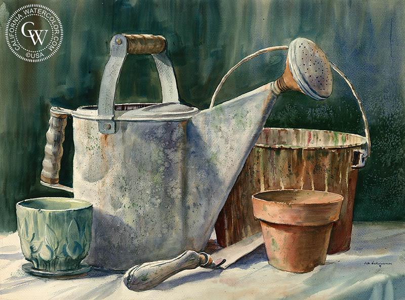 800x592 The Watering Can, Art By John Bohnenberger California Watercolor - Watering Can Painting