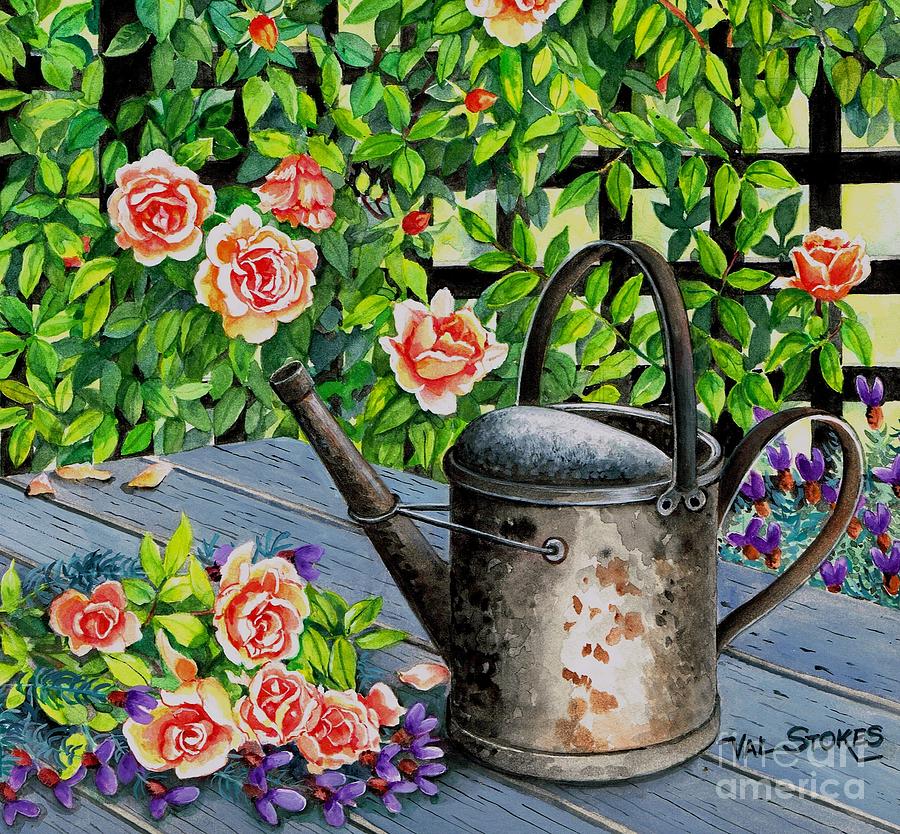 900x834 Watering Can And Roses Painting By Val Stokes - Watering Can Painting