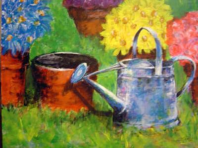 400x300 Watering Can Painting By Janie Thompson Lide - Watering Can Painting