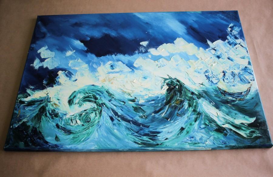 900x583 Blue Storm Sea Oil Painting, Original Modern Fine Art - Wave Painting Artist