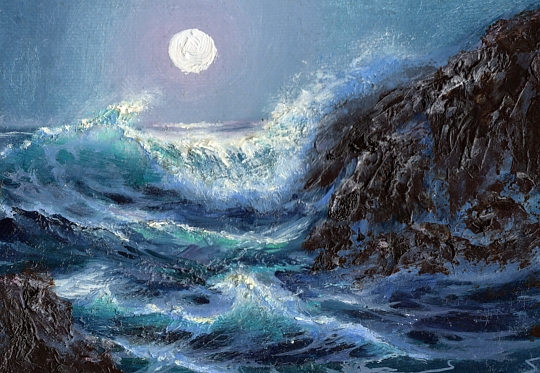 540x373 Moonlit Seascape - Waves Crashing On Rocks Painting