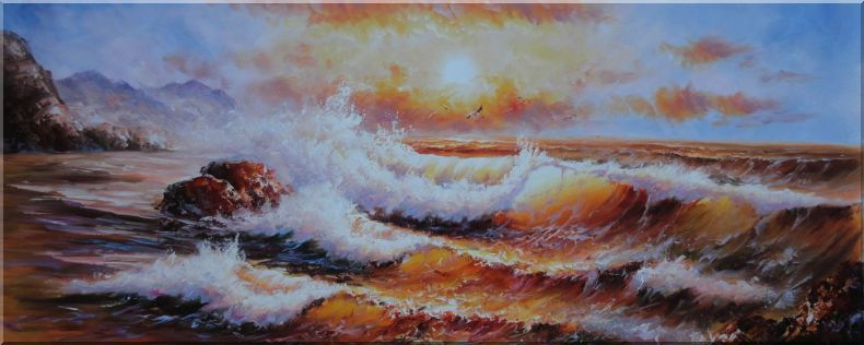 790x316 Sea Waves Crashing Rocks, Seagulls, Golden Sunset Oil Painting - Waves Crashing On Rocks Painting
