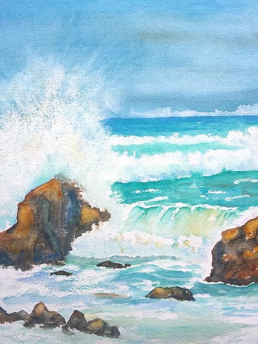 525x700 Seascape Painting, Original Watercolor 11x14. California Pacific - Waves Crashing On Rocks Painting