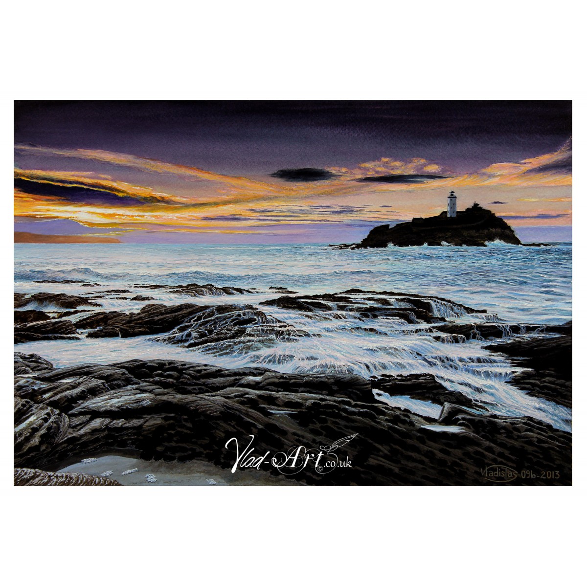 1200x1200 Waves Crashing On Rocks At Godrevy Point Watercolour Painting By - Waves Crashing On Rocks Painting