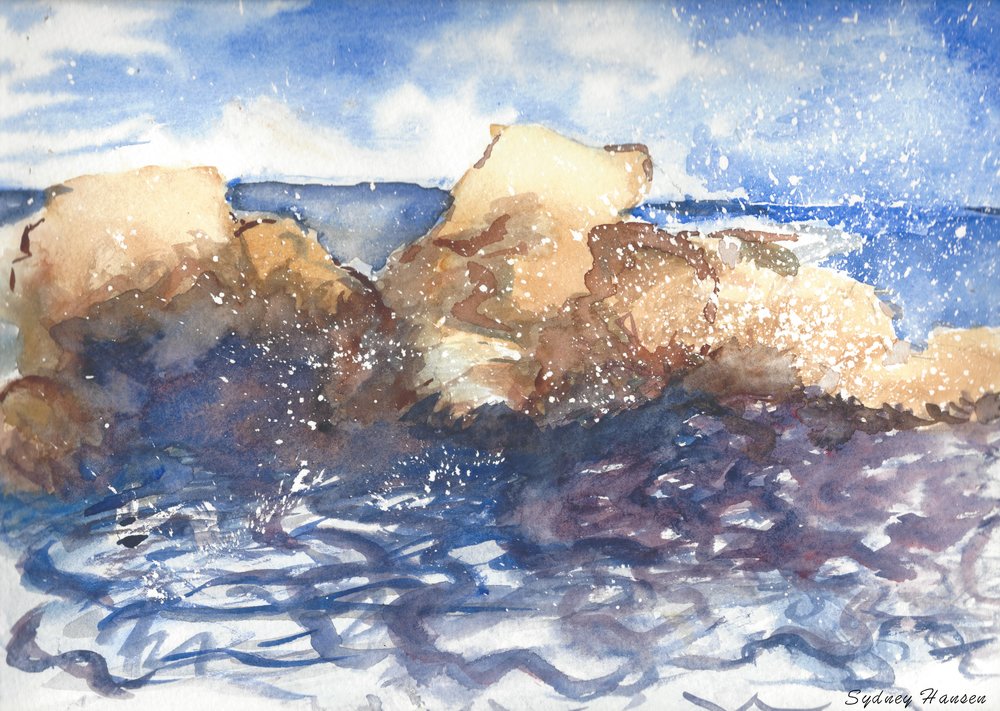 1000x711 Waves Crashing On Rocks Watercolor Print Peachy Paintings - Waves Crashing On Rocks Painting